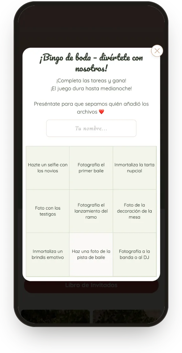 Bingo: tablero de 3 × 3 con retos fotográficos en la galería del invitado.