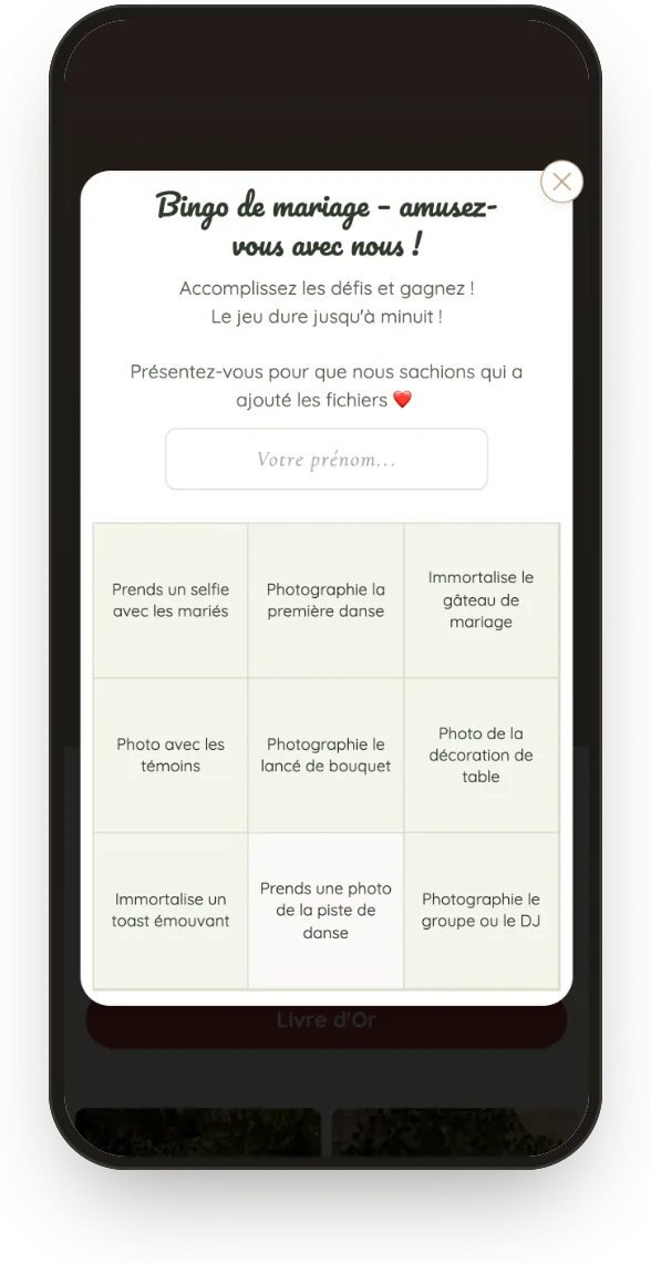 Bingo : grille 3 × 3 de défis photo dans la galerie de l’invité.