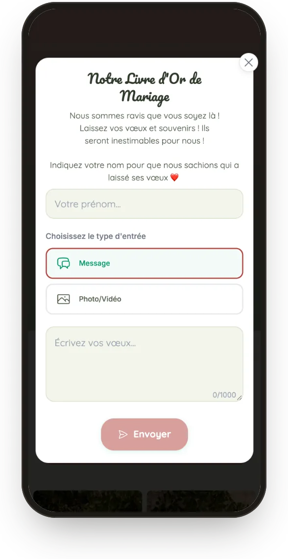 Livre d’or : l’invité choisit un message, une photo ou une vidéo et écrit ses vœux.