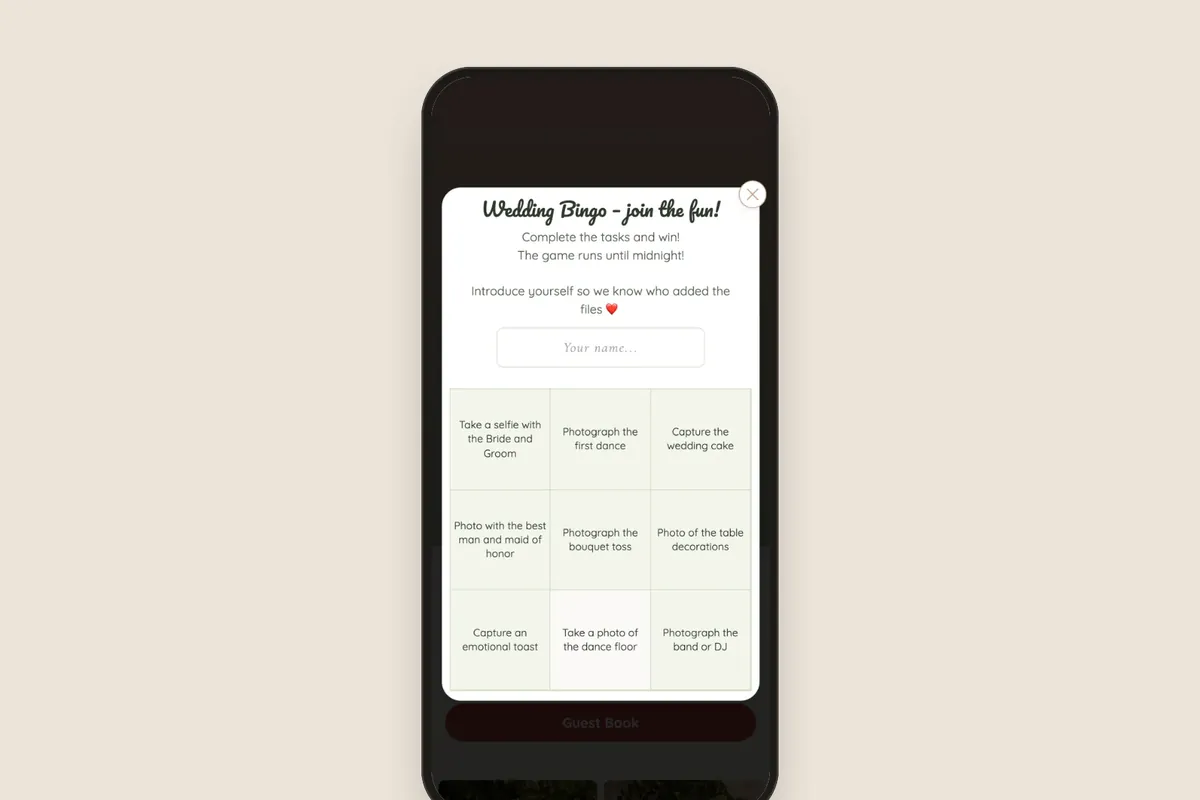 Wedding bingo in the guest gallery: a 3 × 3 board of photo challenges.